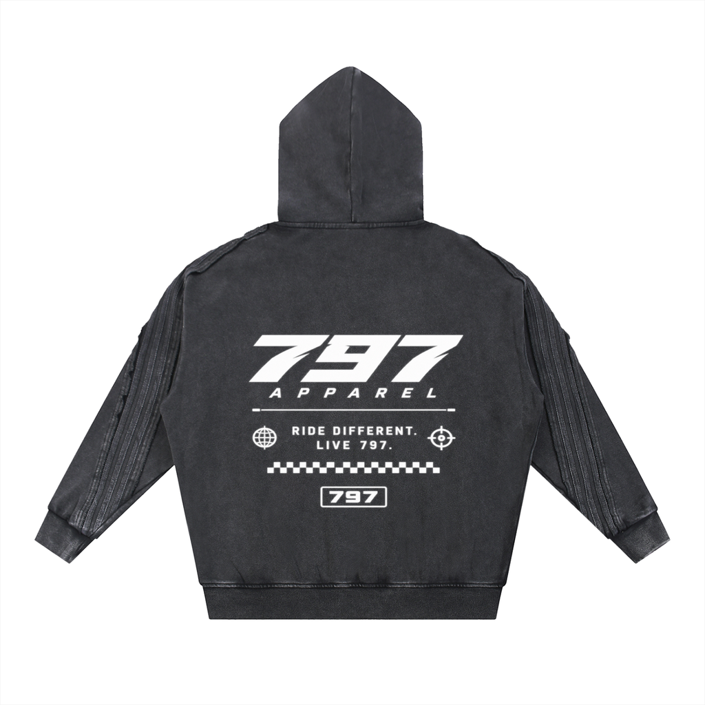 797 apparel Snow Washed Tape Raw Edge Zip Hoodie