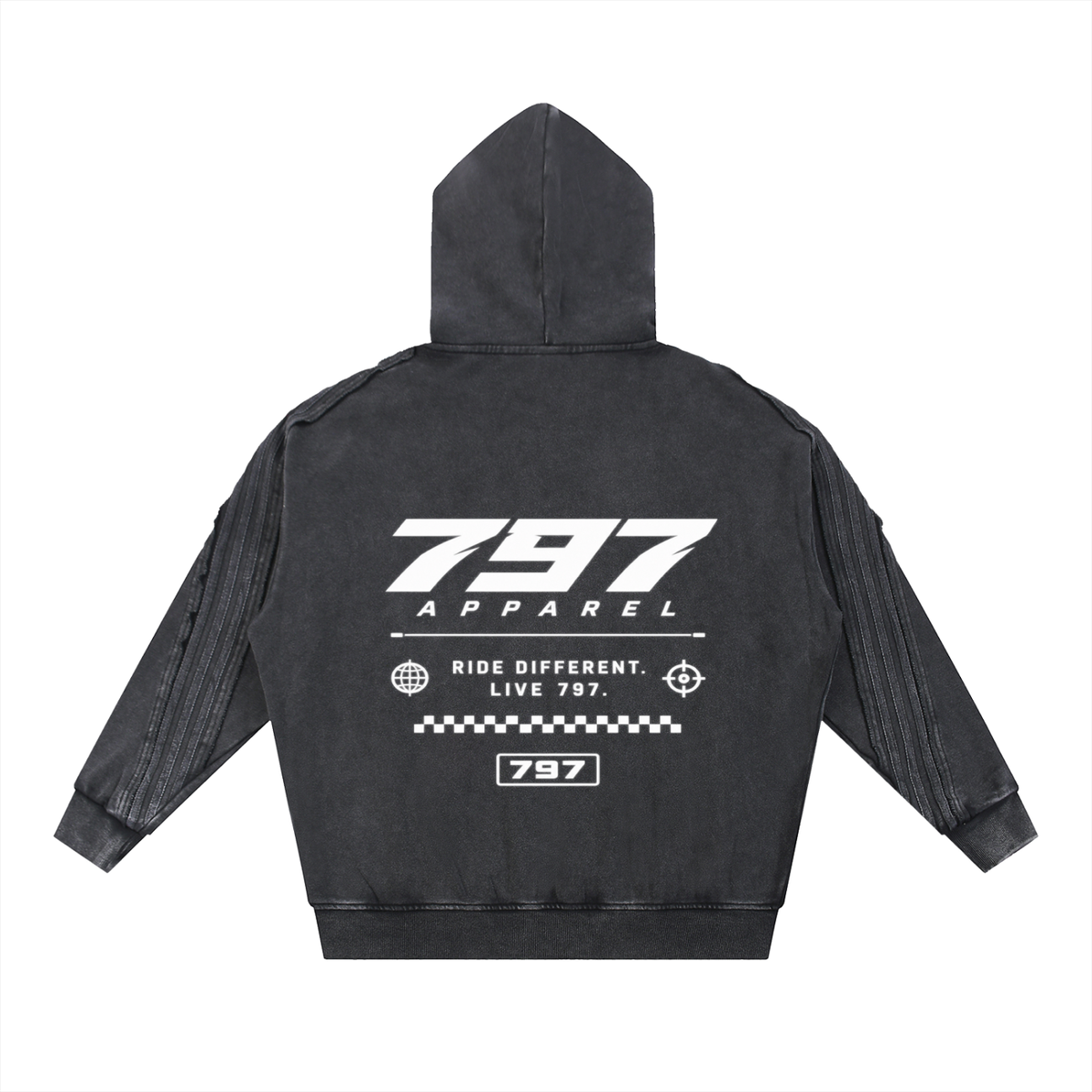 797 apparel Snow Washed Tape Raw Edge Zip Hoodie