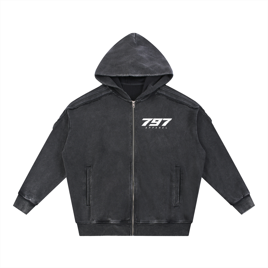 797 apparel Snow Washed Tape Raw Edge Zip Hoodie