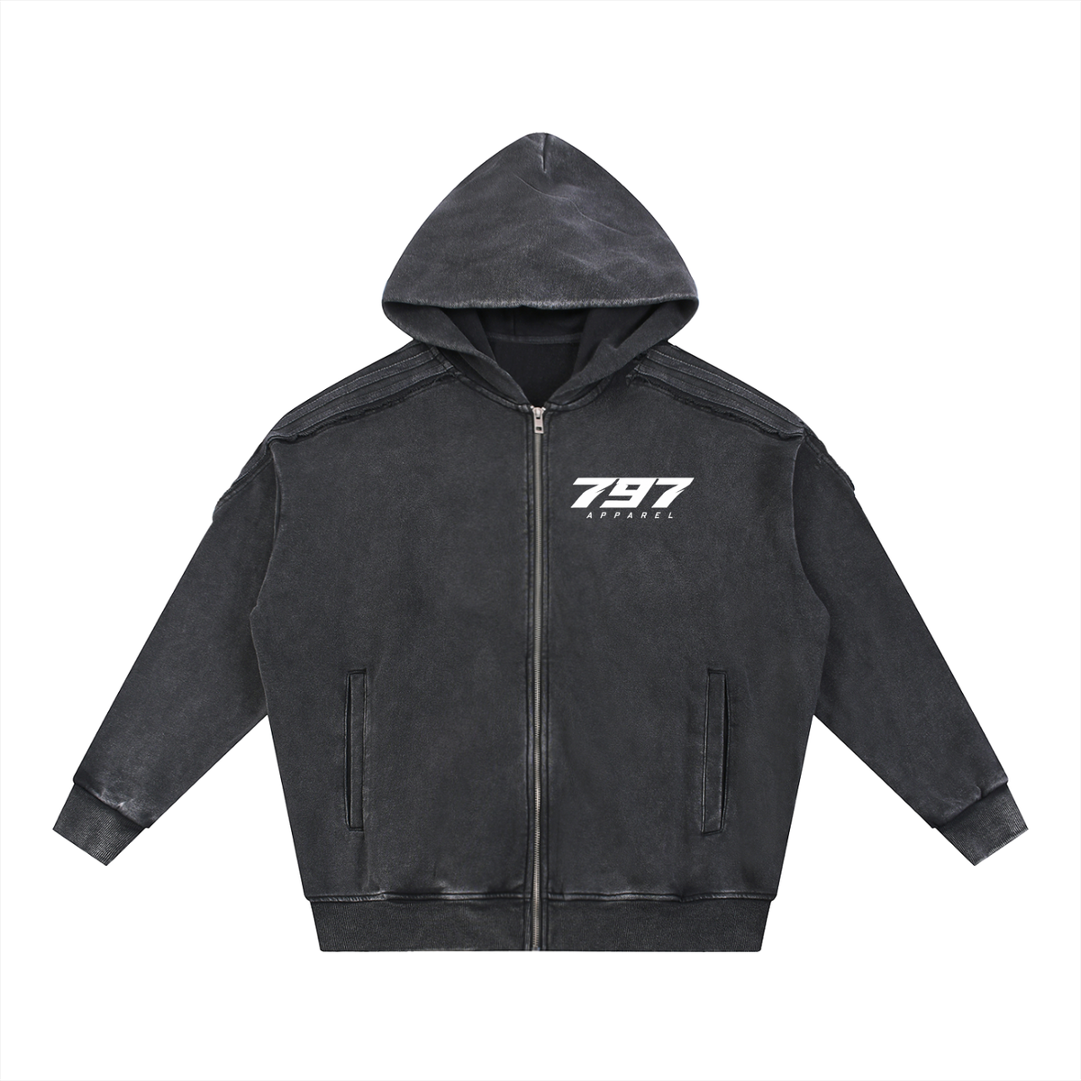 797 apparel Snow Washed Tape Raw Edge Zip Hoodie